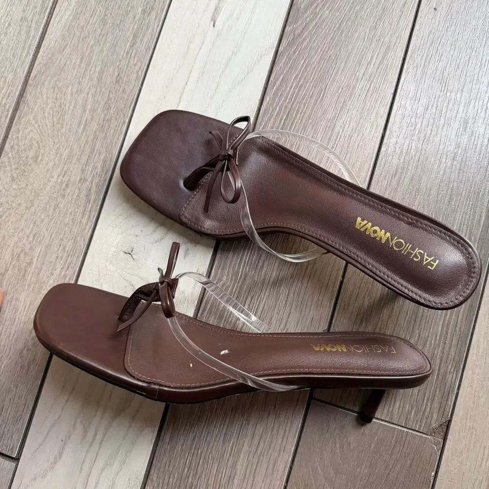 Fashion Nova Clear Strap Bow Heel Sandals Brown Women’s Size 10